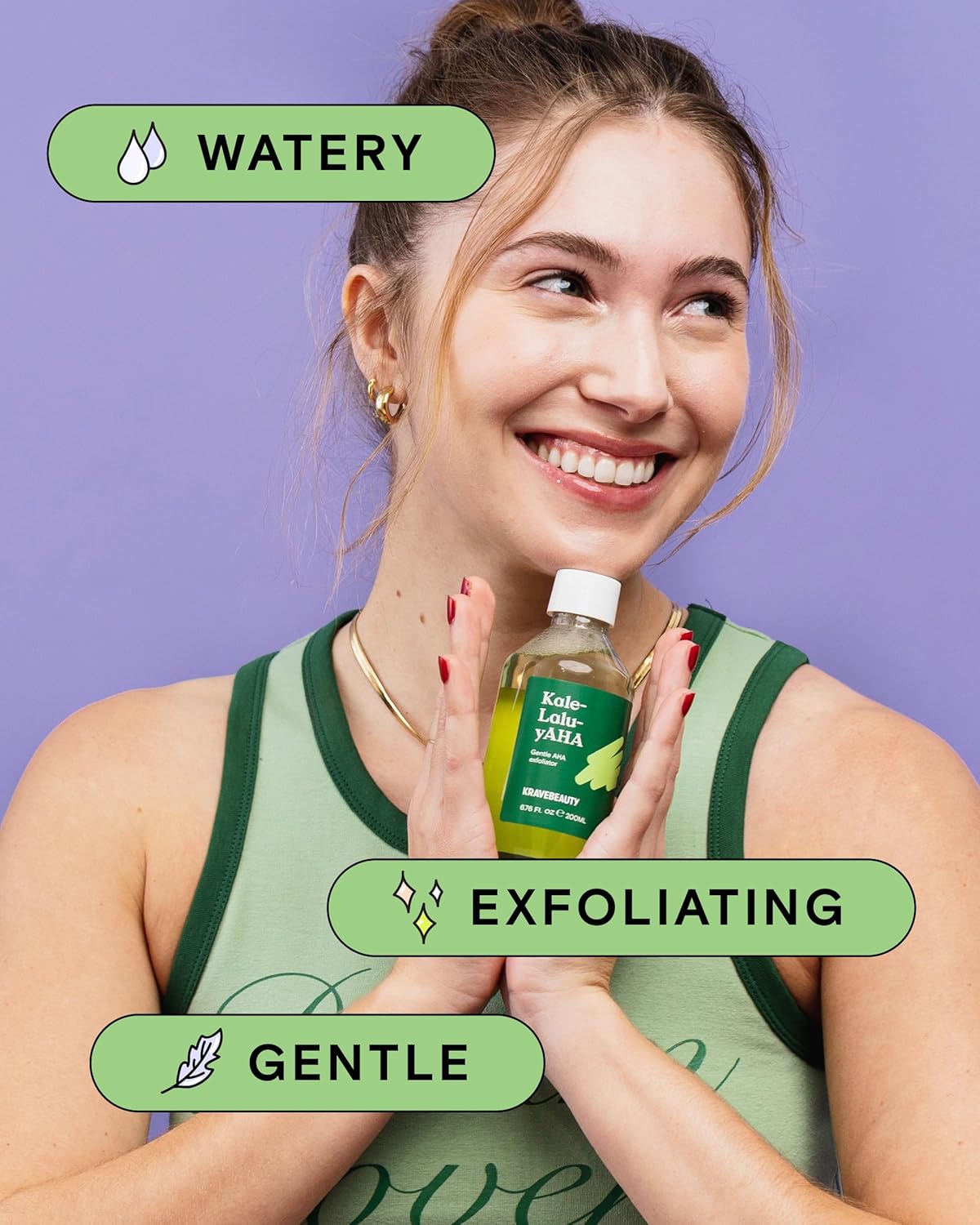 Krave Beauty Kale-Lalu-yAHA - Gentle 5.25% AHA Exfoliator with Glycolic Acid, Hyaluronic Acid, and Vitamin-Rich Kale for Texture, Discoloration, and Dead Skin Cells, Vegan and Cruelty-Free, 6.76 fl oz