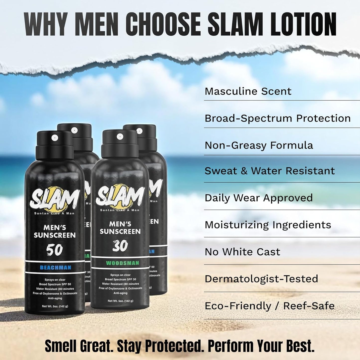 SLAM BeachMan Men's Scented Sunscreen Spray SPF 30 – Broad Spectrum Sun Screen for Face & Body, Water & Sweat Resistant Spray Sunscreen SPF 30, UVA/UVB Protection, Mens Sunblock