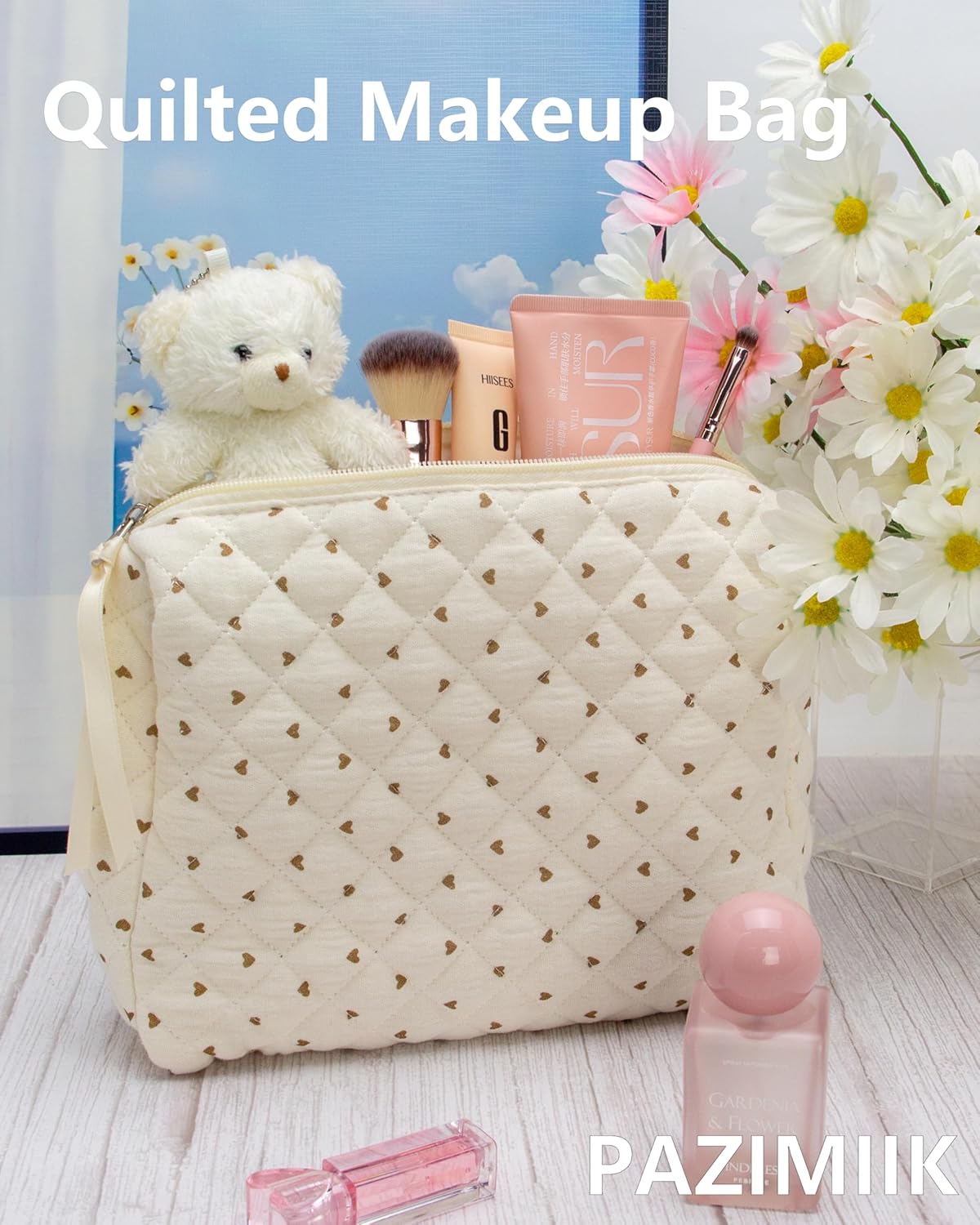 PAZIMIIK Quilted Makeup Bag Large Travel Zipper Soft Cosmetic Pouch for Women Girls Make Up,Gauze Heart Coffee