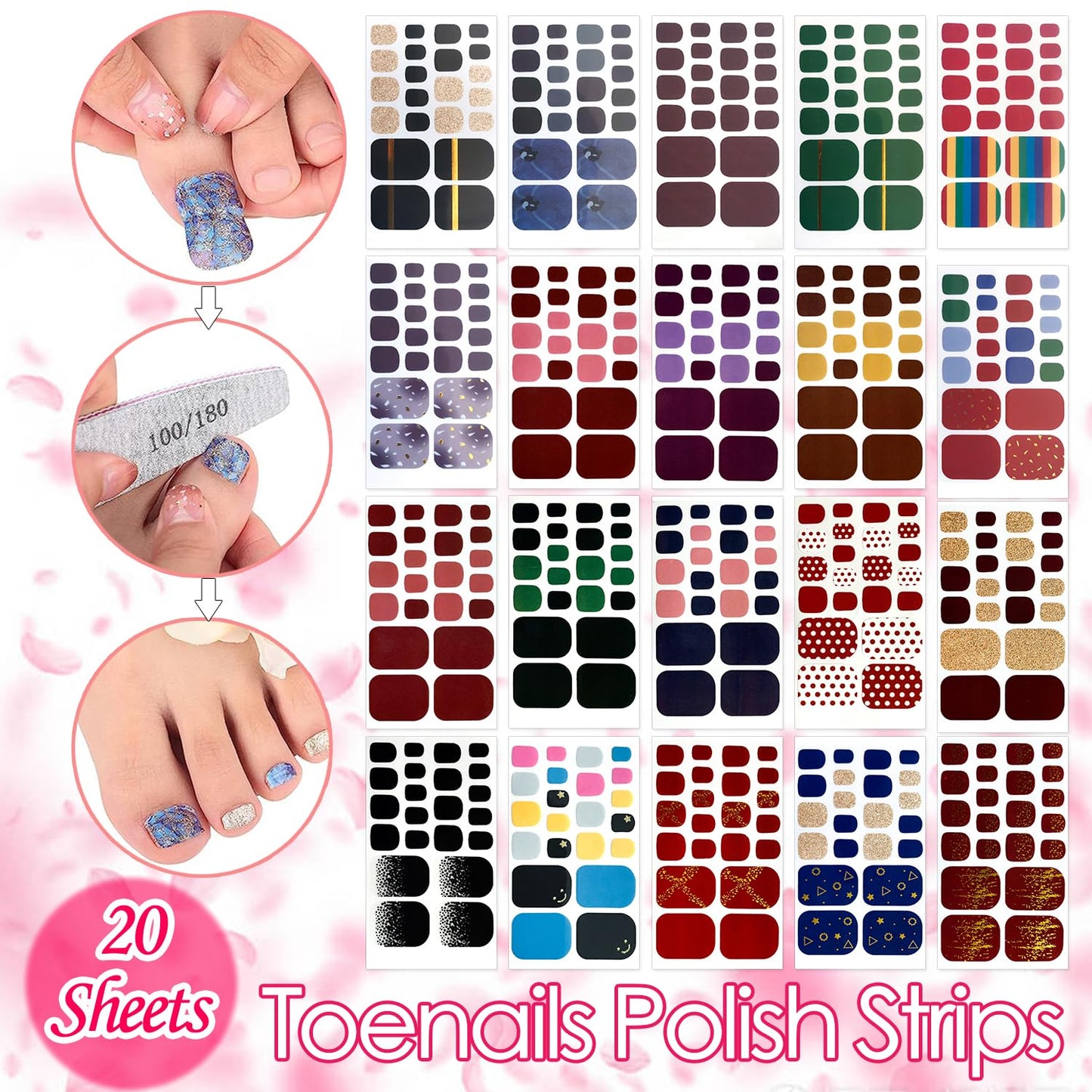 SILPECWEE 20 Sheets Adhesive Toe Nail Polish Stickers Decals Solid Color Full Wraps Nail Strips Manicure Accessories for Women 1Pc Nail File