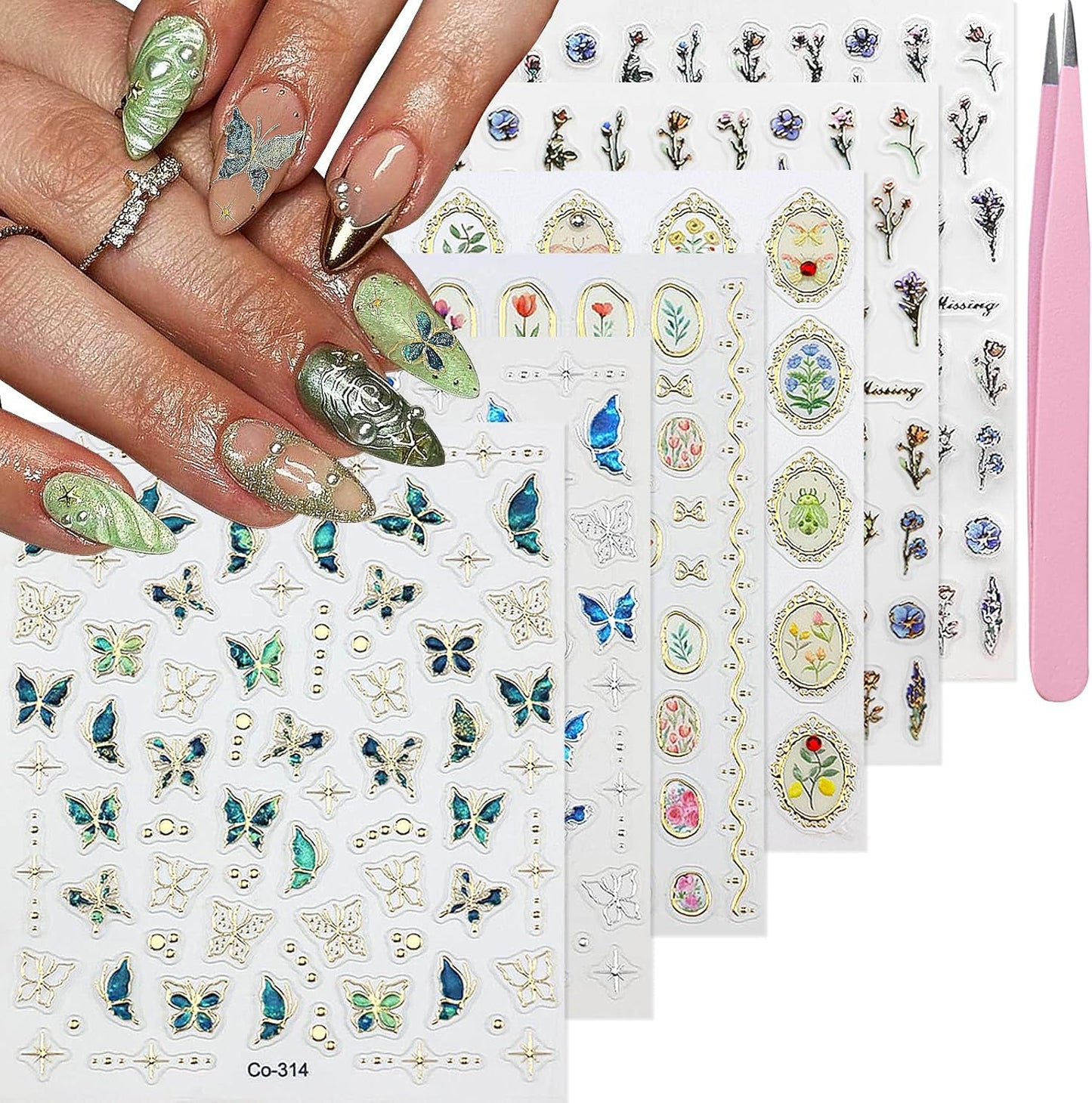 Spring Flower Nail Art Stickers Decals Blue Green Butterfly Nail Decals Self Adhesive 5D Embossed for Women Nails Design Decoraion 3D Flower Mails Stickers Supplies