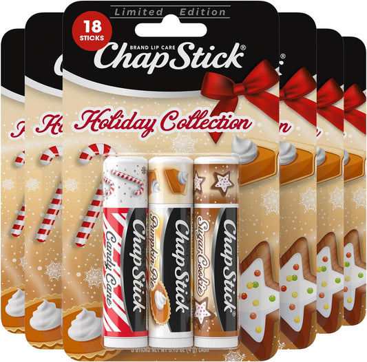 ChapStick Bulk Lip Balm, Holiday Variety 3-Packs x 6 (18 Sticks) – Candy Cane, Sugar Cookie, and Pumpkin Pie Flavored Lip Moisturizers, Stocking Stuffers, 0.15 Oz Ea