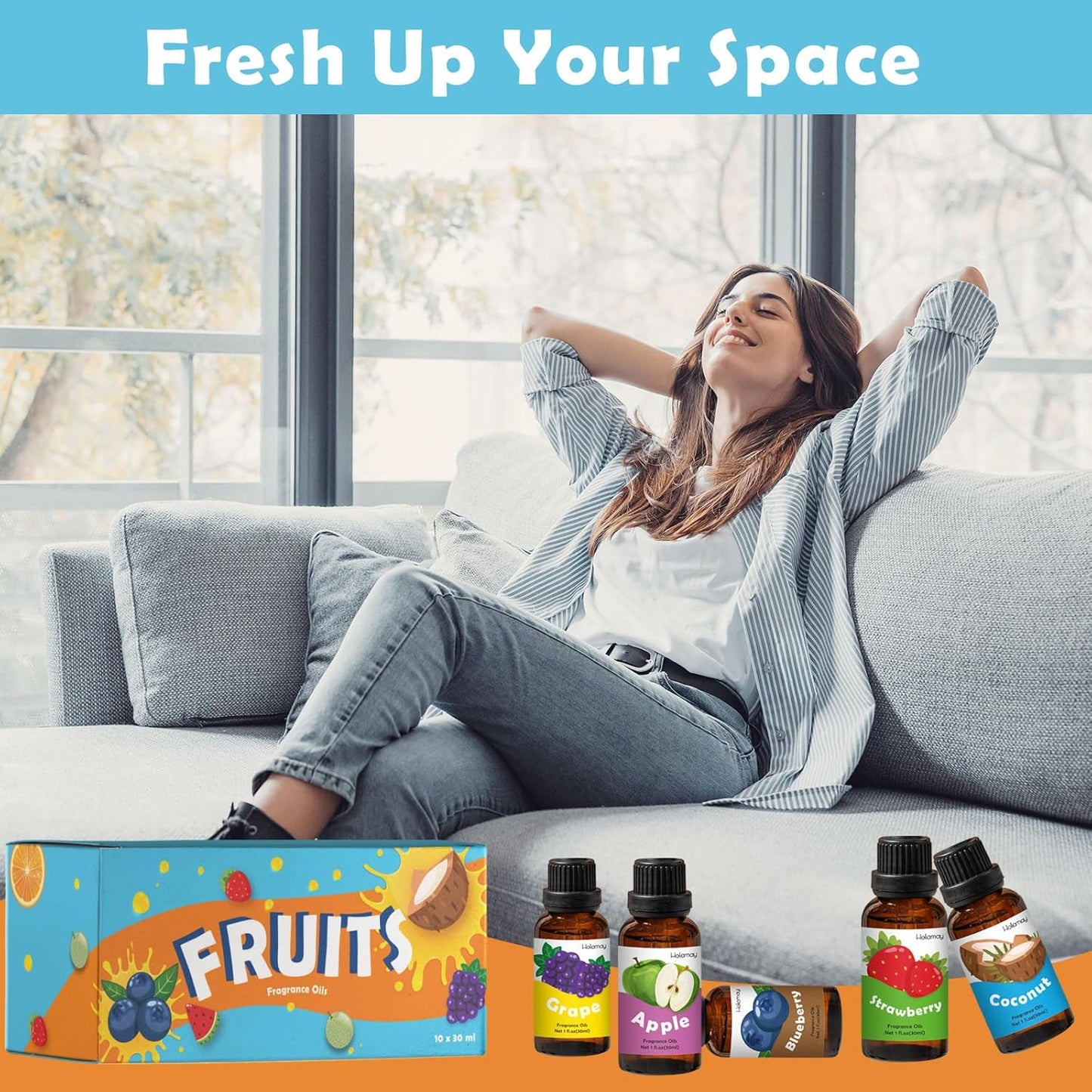 Holamay Fruit Essential Oils for Diffusers for Home, Fragrance Oil for Soap Making, Candle Scents for Candle Making 30ml x 10 - Coconut, Strawberry, Mango, Pineapple, Large Size Aromatherapy Oils Set