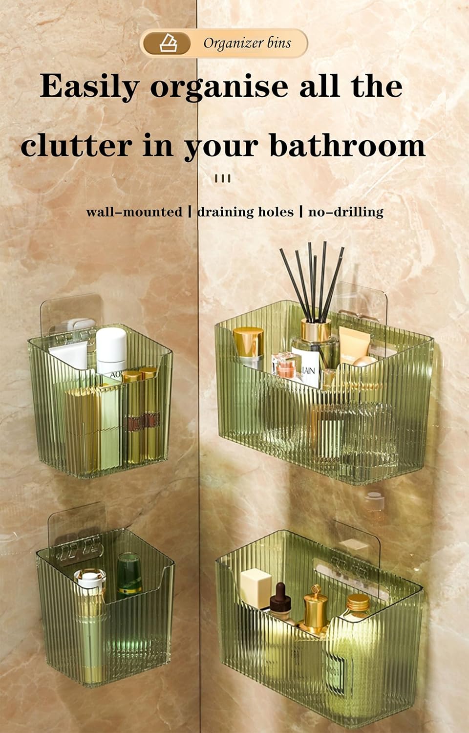 Set Of 2 Storage Organizer Bins Wall Mounted Shower Basket, Shower Caddy Stackable Clear Plastic Makeup Organizer Adhesive Hanging Bin for Bathroom, Kitchen, Cabinet, Pantry, BPA Free, Green