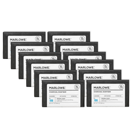 MARLOWE. No. 106 Charcoal Soap 7 oz (12 Bars) Body Bar Soap for Men, Cleansing, Purifying & Hydrating with Natural Extracts, Shea Butter, Olive Oil & Green Tea Extracts, Fresh Woodsy Scent