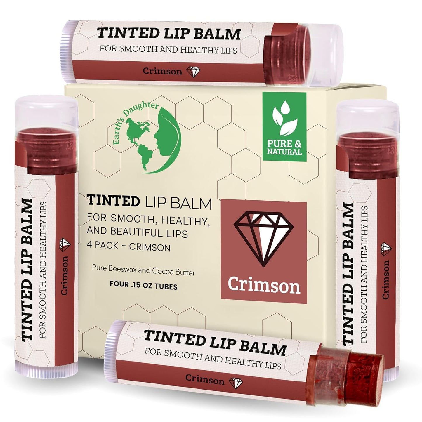 Earth's Daughter Tinted Lip Balm Crimson Color 4-pack, Beeswax, Coconut Oil, Cocoa Butter, Vitamin E, Moisturize and Beautify - Paraben Free