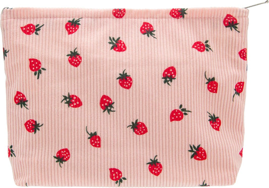 Makeup Bag Large Cotton Zipper Pouch for Purse Travel Canvas Make Up Organizer for Women Cosmetic,Strawberry Pink