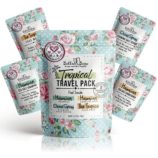 Bella & Bear Tropical Travel Pack, Self Care Kit, Includes Cruelty Free Shampoo, Conditioner, Body Scrub, Face Mask,1oz, Pack of 4