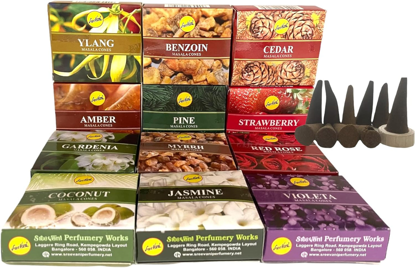 Sreevani Natural Masala Incense Cones and Holder Bundle, 120 Cones Total, Assorted #2