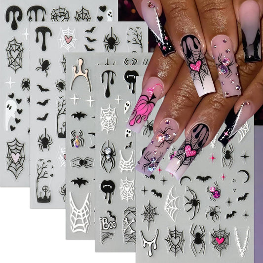 5 Sheet Halloween Nail Stickers 5D Micro Relief Self-Adhesive Cute Ghost Spider Web Nail Decals Ghost Spider Web Skull Bat Nail Design Classic Halloween Decoration for Women Manicure Art Supplies