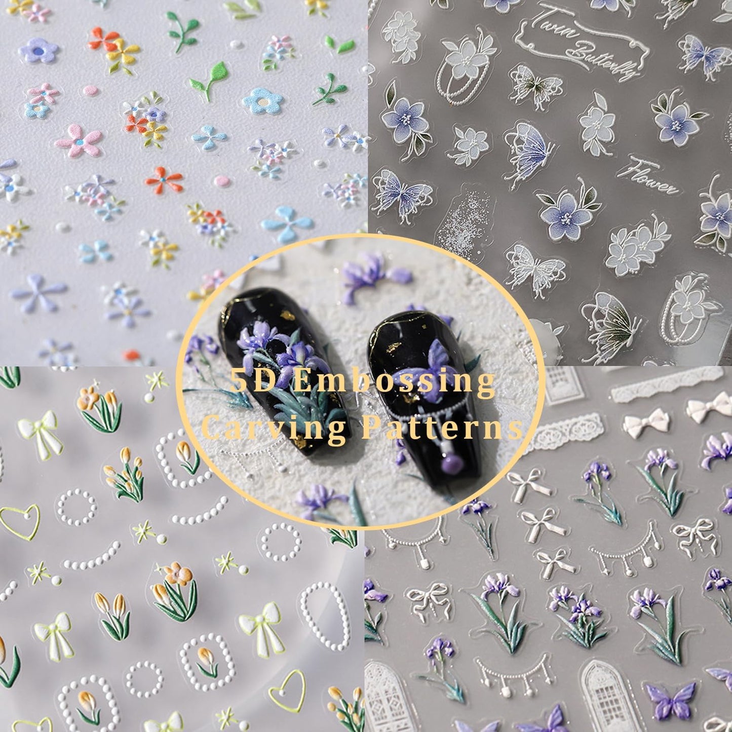 Flower Nail Stickers 5D Embossed Nail Art Stickers Decals Bows Plumeria Floral Nail Design Stickers for Women Girls Self-Adhesive Nail Art Decoration(1, Plumeria)