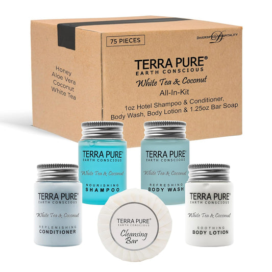 Terra Pure White Tea & Coconut Hotel Size Toiletries Set | 1-Shoppe All-In-Kit | 1 oz. Liquids and 1.25 oz. Bar Soap | Amenities For Hotels, Airbnb & Rentals | (75 pieces)