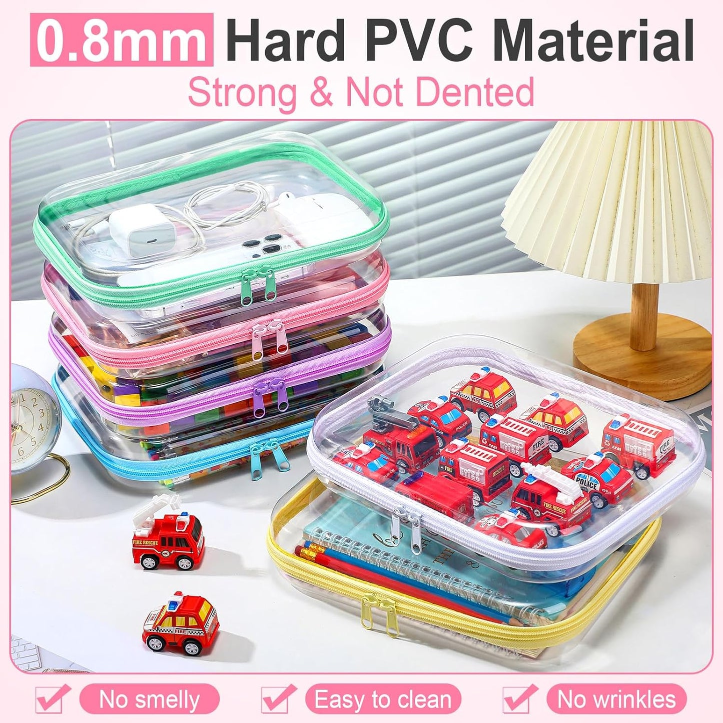 Sanwuta 6 Pcs Clear Hard Zipper Case Pencil Pouches Hard Plastic Zipper Pouches Makeup Bag Transparent Cases for Snacks Plastic Storage Organizer Box for Travel(Colorful,9.84 x 7.87 x 2 Inch)