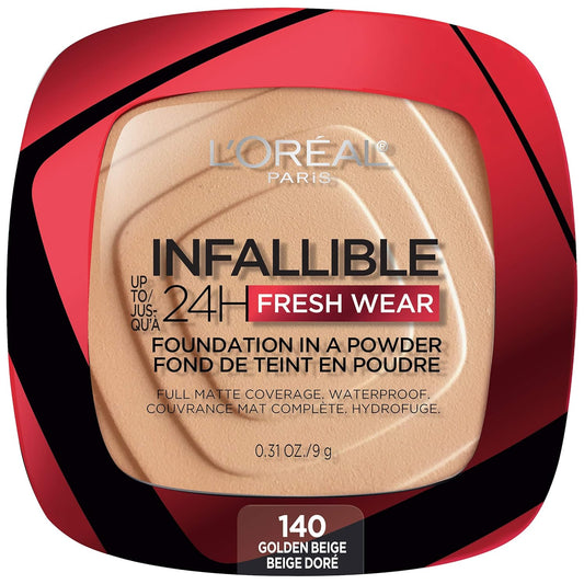 L'Oreal Paris Makeup Infallible Fresh Wear Foundation in a Powder, Up to 24H Wear, Waterproof, Golden Beige, 0.31 oz.