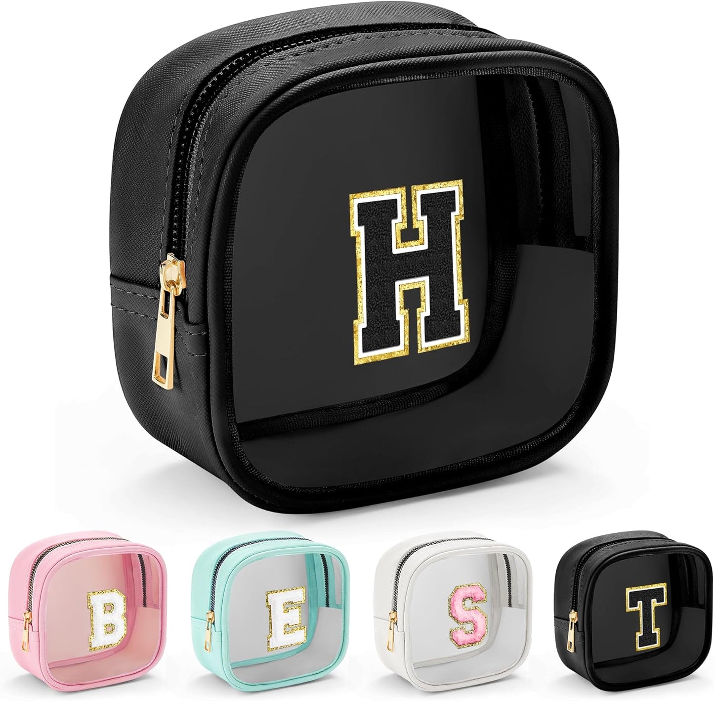 YOOLIFE Initial Makeup Bag Travel Toiletry Bag, Clear Makeup Bag Car Accessories For Women Clear Makeup Bags With Zipper Girlfriend Teacher 13 Year Old Girl Gifts Daughter Girl Gifts Mini Black H
