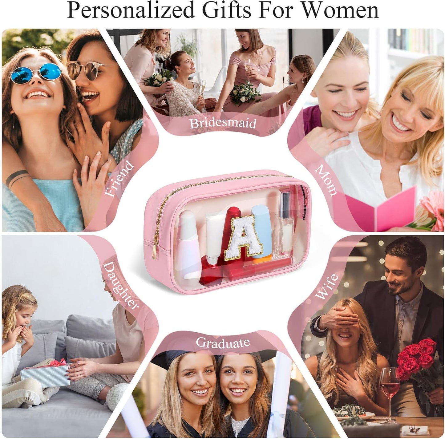 YOOLIFE Travel Toiletry Bag for Women, Pink Clear Makeup Bag Cute Make Up Bag for Women Cosmetic Bags Skin Care Makeup Bag Organizer Birthday Gifts for Women Teacher Mother Girlfriend Initial P