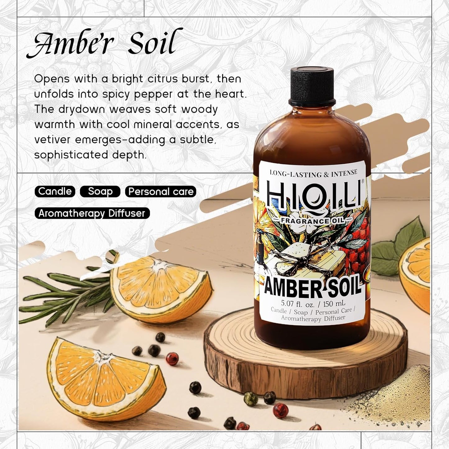 HIQILI Amber Soil Fragrance Oil for Diffuser, Inspired by H.er-mes T.erred' H, Perfume & Hair Perfume Mist Making - Citrus, Pepper & Woody Notes, Long-Lasting Scent - 5.07 Fl Oz