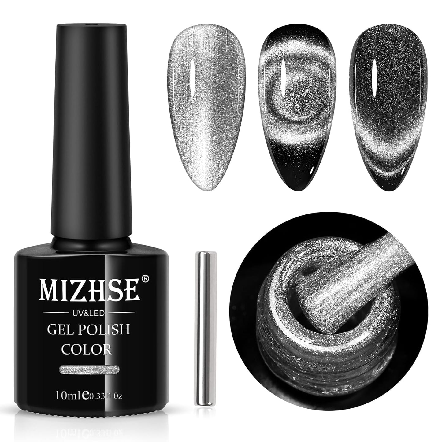 MIZHSE 9D Cat Eye Gel Nail Polish, Silver Magnetic Gel Polish with Magnet Stick, Magic Shimmer Galaxy Effect Holographic Glitter Silky Cat Eye Nail Polish Soak Off Nail Art Salon Manicure DIY at Home