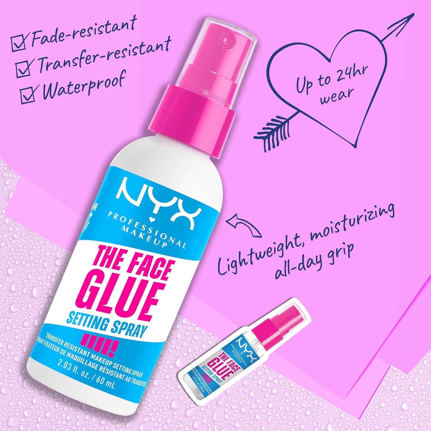 NYX PROFESSIONAL MAKEUP The Face Glue Setting Spray, Transfer-Resistant Waterproof Setting Spray, Up to 24HR Make Up Wear