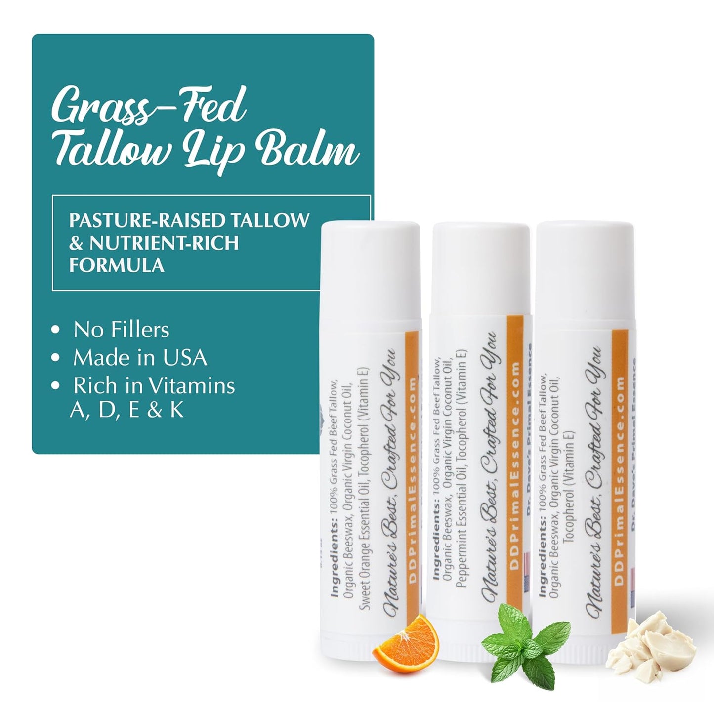 Moisturizing Tallow Lip Balm – Grass-Fed Beef Tallow with Organic Coconut Oil, Beeswax, and Vitamin E – Lip Balm Set – Variety Pack – Travel Essential – 3-Pack