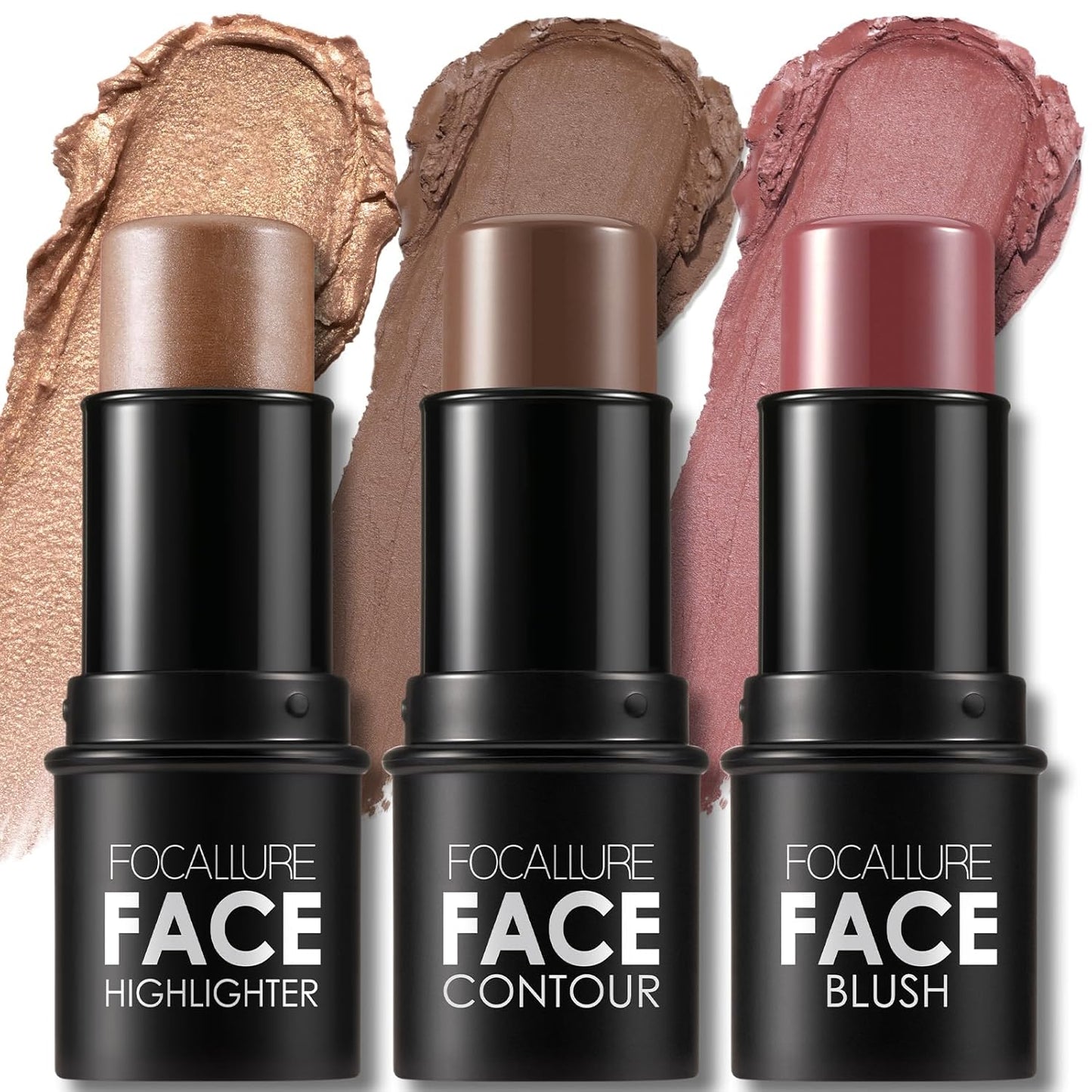 FOCALLURE 3 Pcs Cream Contour Sticks,Shades with Highlighter & Bronzer & Blush,Non-greasy Long-wear Face Contouring Pen,Easy to Sculpt the Face and Create a Lightweight Finishing Makeup,MEDIUM-DEEP