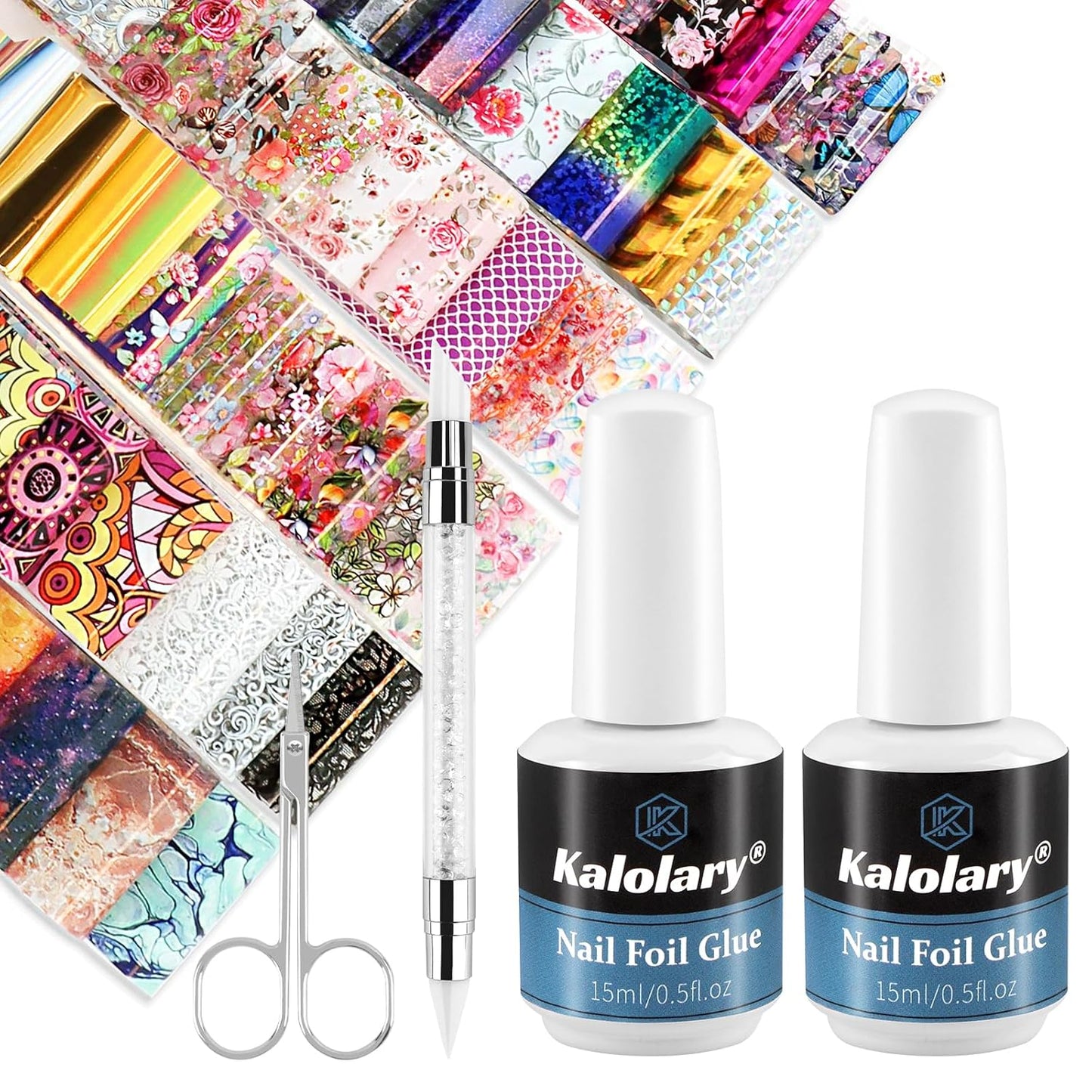 Kalolary 30ML Nail Foil Glue Gel with 80Pcs Foil Transfer Stickers Set, Holographic Nail Art Transfer Stickers DIY Decoration for Salon or Home Use