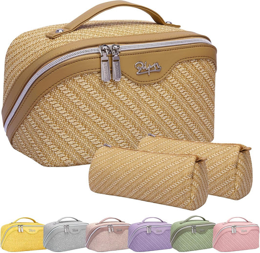 BOYATU Travel Makeup Bags for Women: Large Cosmetic Bag Waterproof - Vegan Leather Make up Bag Set of 3 - Compact Toiletry Organizer with Compartments & Handle & Divider (Z-Brown)