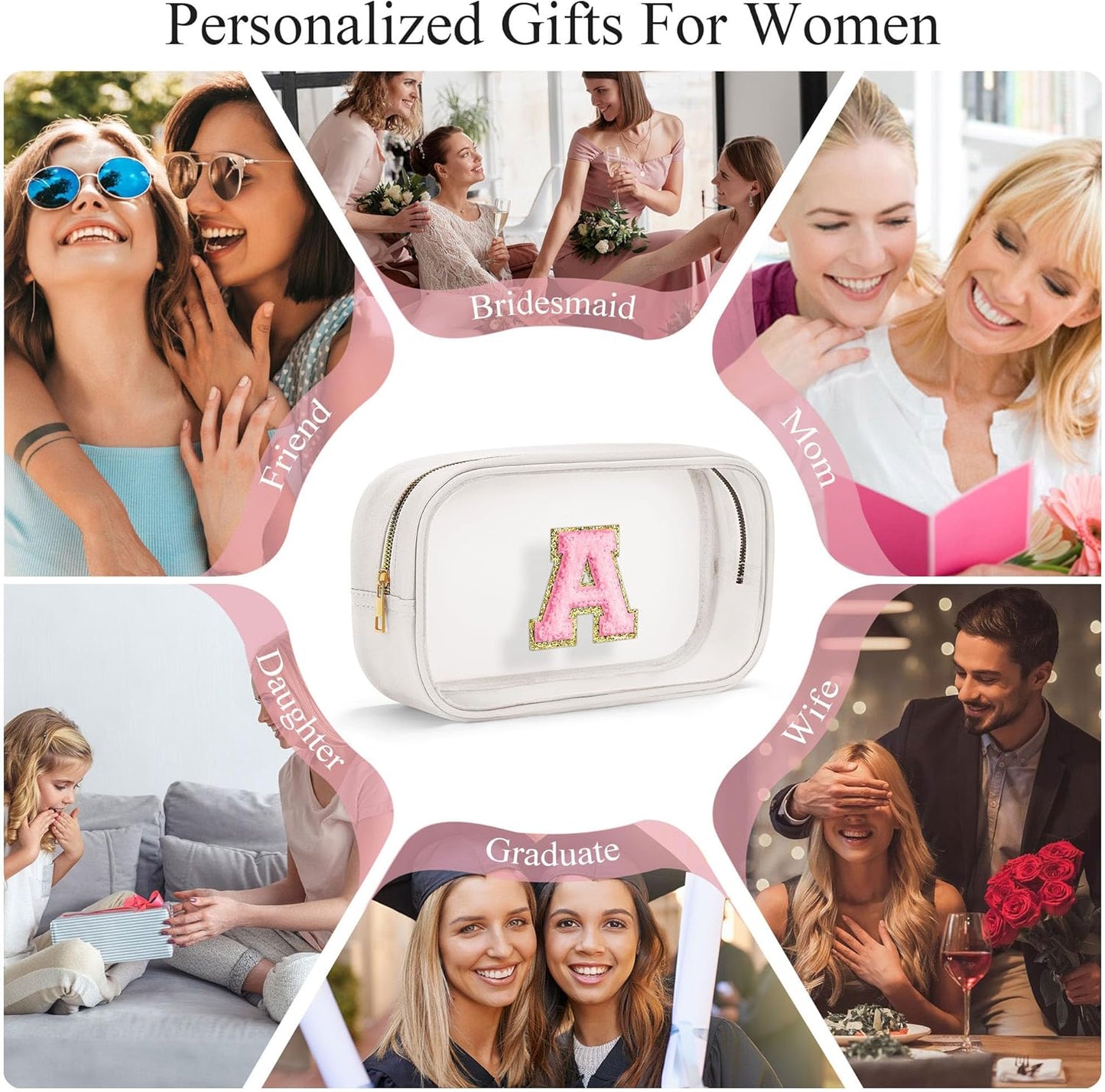 YOOLIFE Initial Make Up Bag Travel Toiletry Bag, Clear Makeup Bag Preppy Cosmetic Bag Travel Essentials Gifts for Women Teen Girlfriend Teacher Mom Birthday Daughter Gifts Swim Gifts For Girls White G