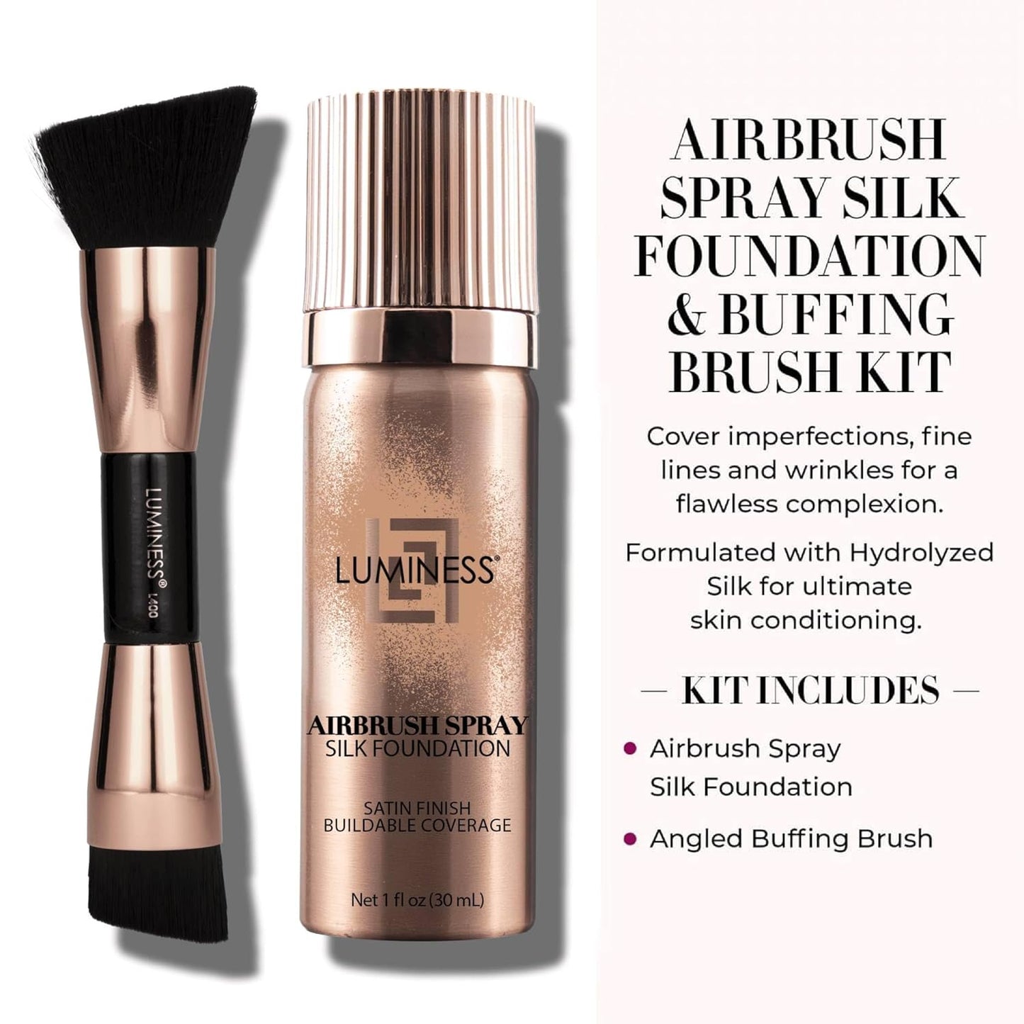 LUMINESS Silk Airbrush Spray Foundation 2-PC Kit - Foundation & Dual-Sided Angled Makeup Brush - Buildable Coverage, Anti-Aging Formula, Humidity Resistant, Hydrates & Moisturizes, Fair