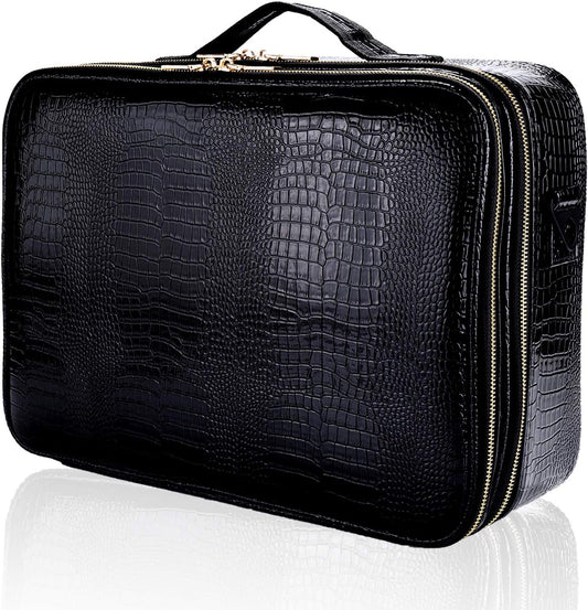 JOURMON Travel Makeup Case Portable Makeup Train Case Organizer Cosmetic Bag with Adjustable Dividers and Shoulder Strap for Makeup Brushes Toiletry Travel Accessories(Crocodile Pattern Black, L)