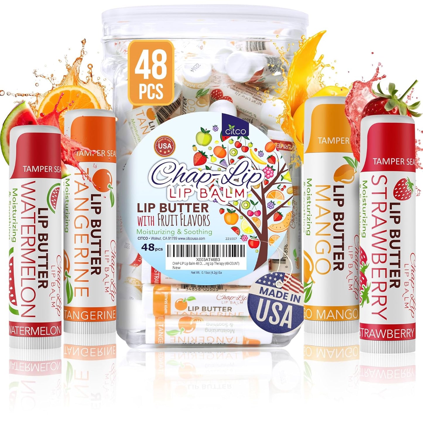 CHAP-LIP Original Lip Balm Hydrating Bulk Chap Stick with Fruit Flavors, Coconut Oil, and Cocoa Butter - Christmas Gift Stocking Stuffers Lip Therapy Pack for Men and Women - Made in the USA, 48 Pack