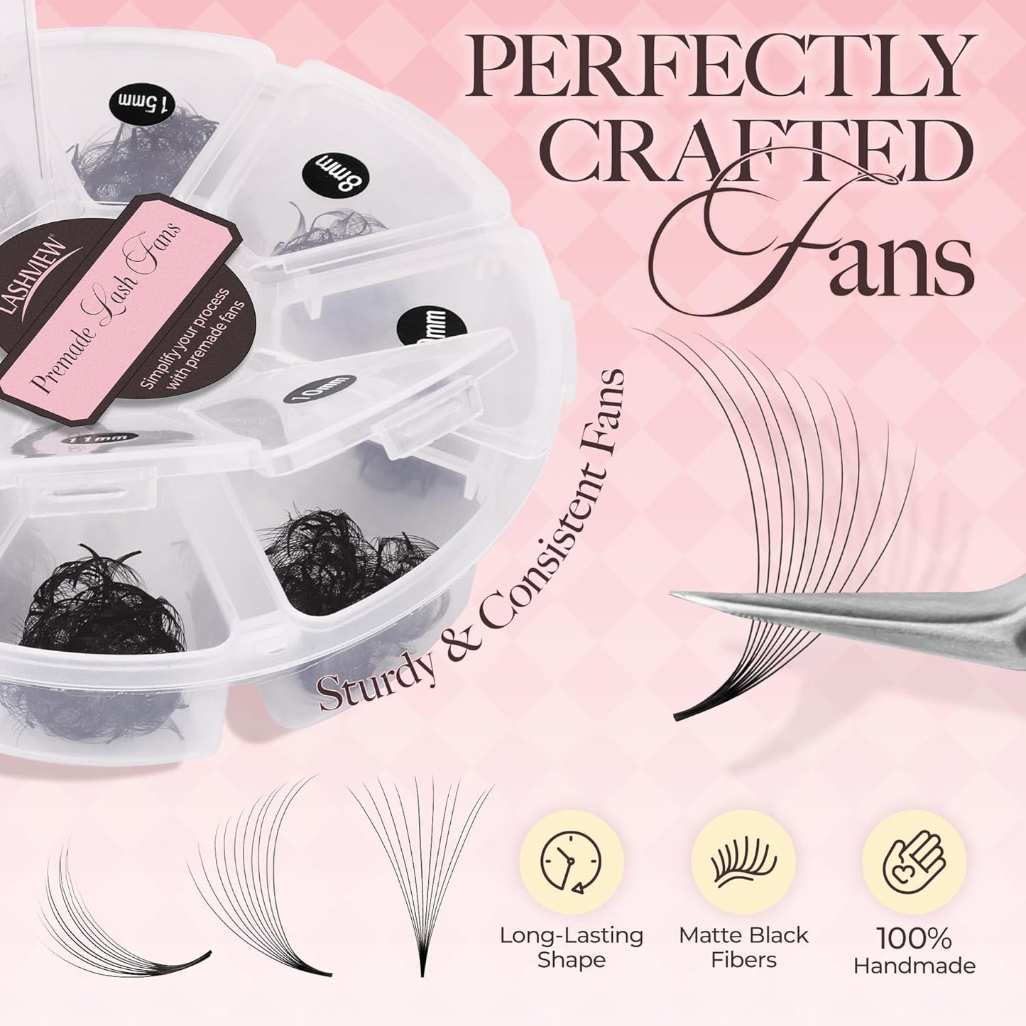 LASHVIEW 600 Fans 10D Premade Volume Eyelash Extensions Mixed Tray Premade Fans Eyelash Extensions C Curl Premade Lash Fans Pointed Handmade Promade Loose Fans Thin Base (10D-0.05C,8-15mm)