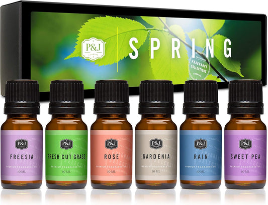 P&J Trading Spring Set of 6 Fragrance Oils - Gardenia, Sweet Pea, Fresh Cut Grass, Rain, Freesia, and Rose Scents for Candle Making, Soap Making Supplies, Diffuser Oils