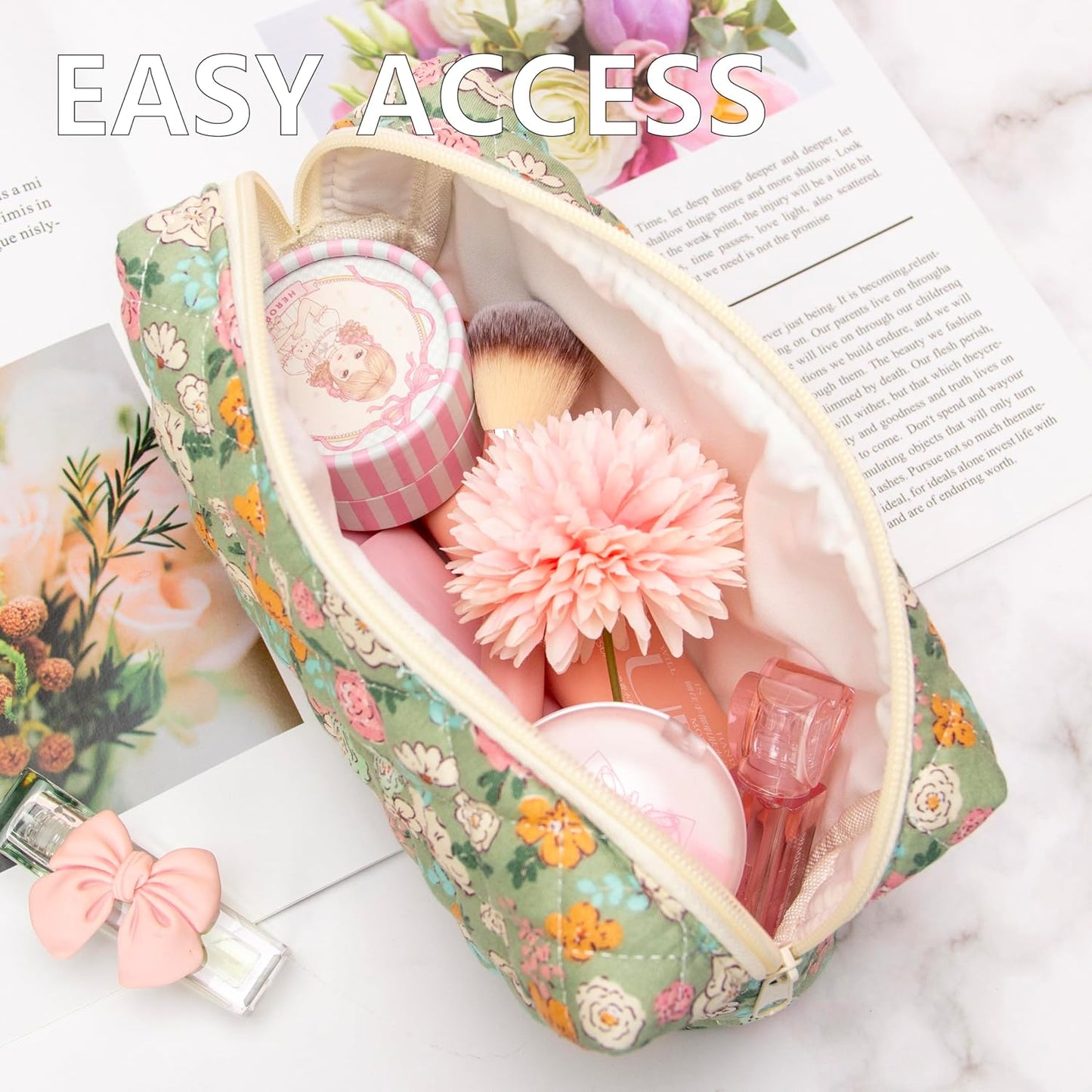 PAZIMIIK Vintage Quilted Makeup Bag Cosmetic Pouch for Brushes Pencils and Travel Make Up Accessories for Women and Girls Floral Green