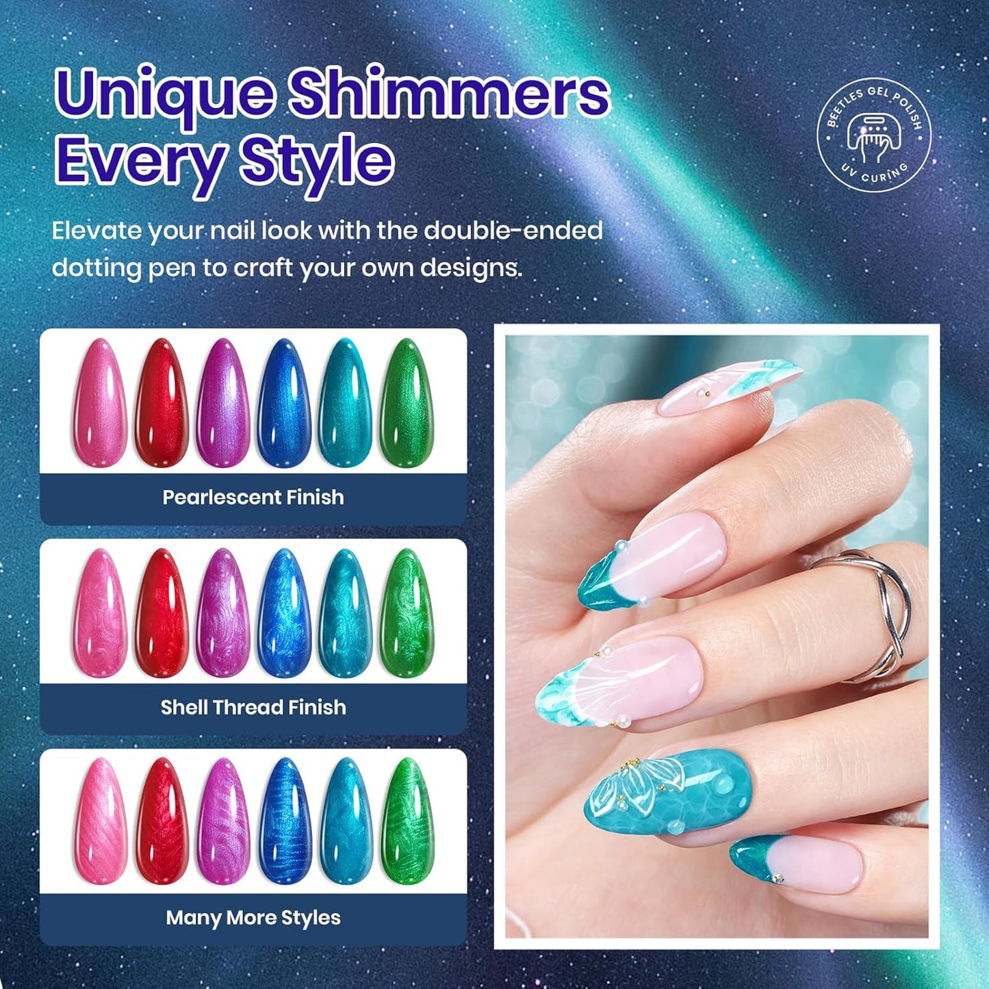 Beetles Pearl Gel Nail Polish Set, Dark Color Pink Red Purple Green Blue Nail Drawing Gel Polish 6 Colors Shimmer Mystic Flow Swirl Thread Effect Soak Off LED UV Curing for DIY Nail Art