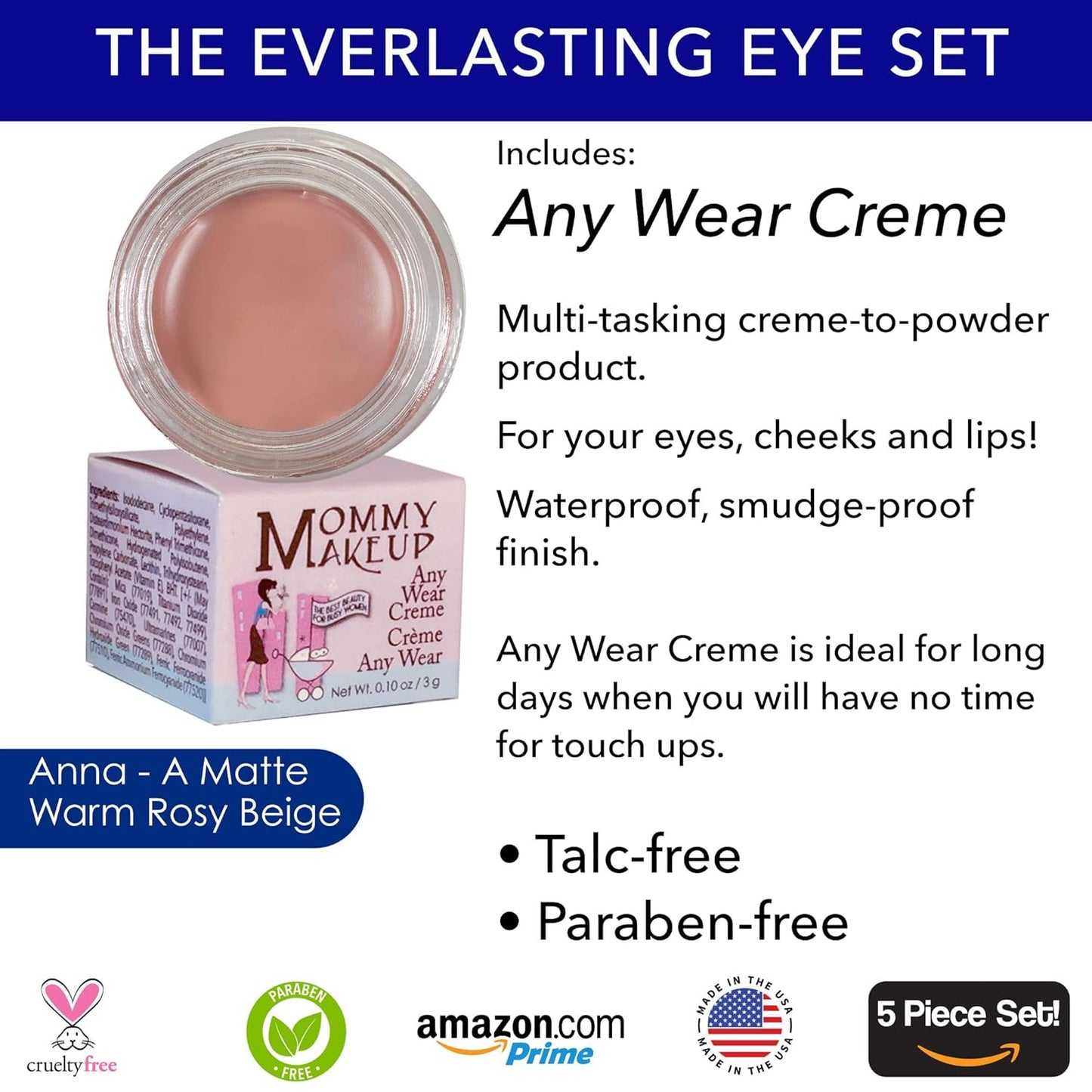 The Everlasting Eye 5 Piece Waterproof Makeup Set. Gel Eyeliner, Creme Eyeshadow, 2 brushes and Mesh Bag. Paraben-free, Talc-free, Cruelty-free. Anna/Black Orchid 1208