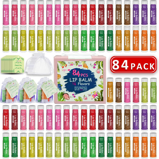 84 Pack Natural Lip Balm Bulk with Vitamin E and Coconut Oil Valentine's Day best choice - Moisturizing, Soothing, and Repairing Dry and Chapped Lips - 14 Flavors - Non-GMO