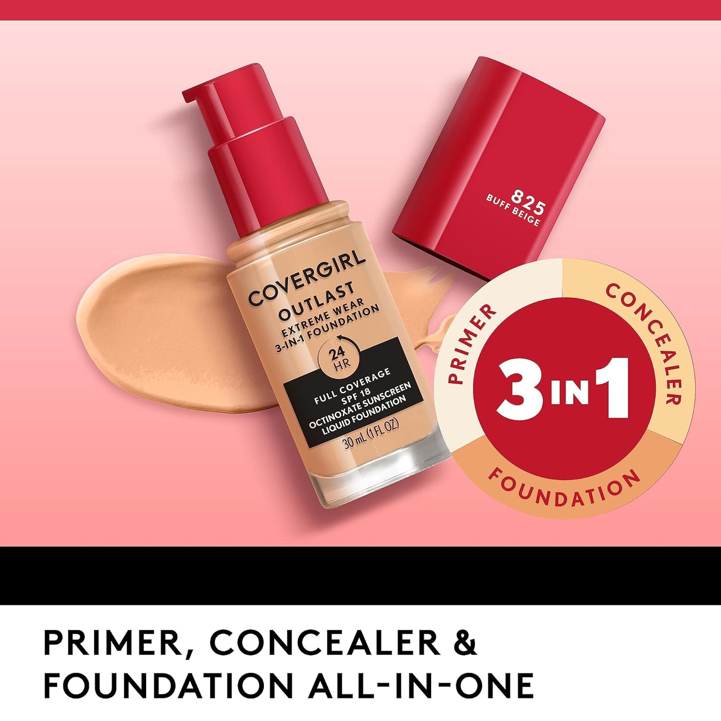 Covergirl Outlast Extreme Wear 3-in-1 Full Coverage Liquid Foundation, SPF 18 Sunscreen, Medium Beige, 1 Fl. Oz.