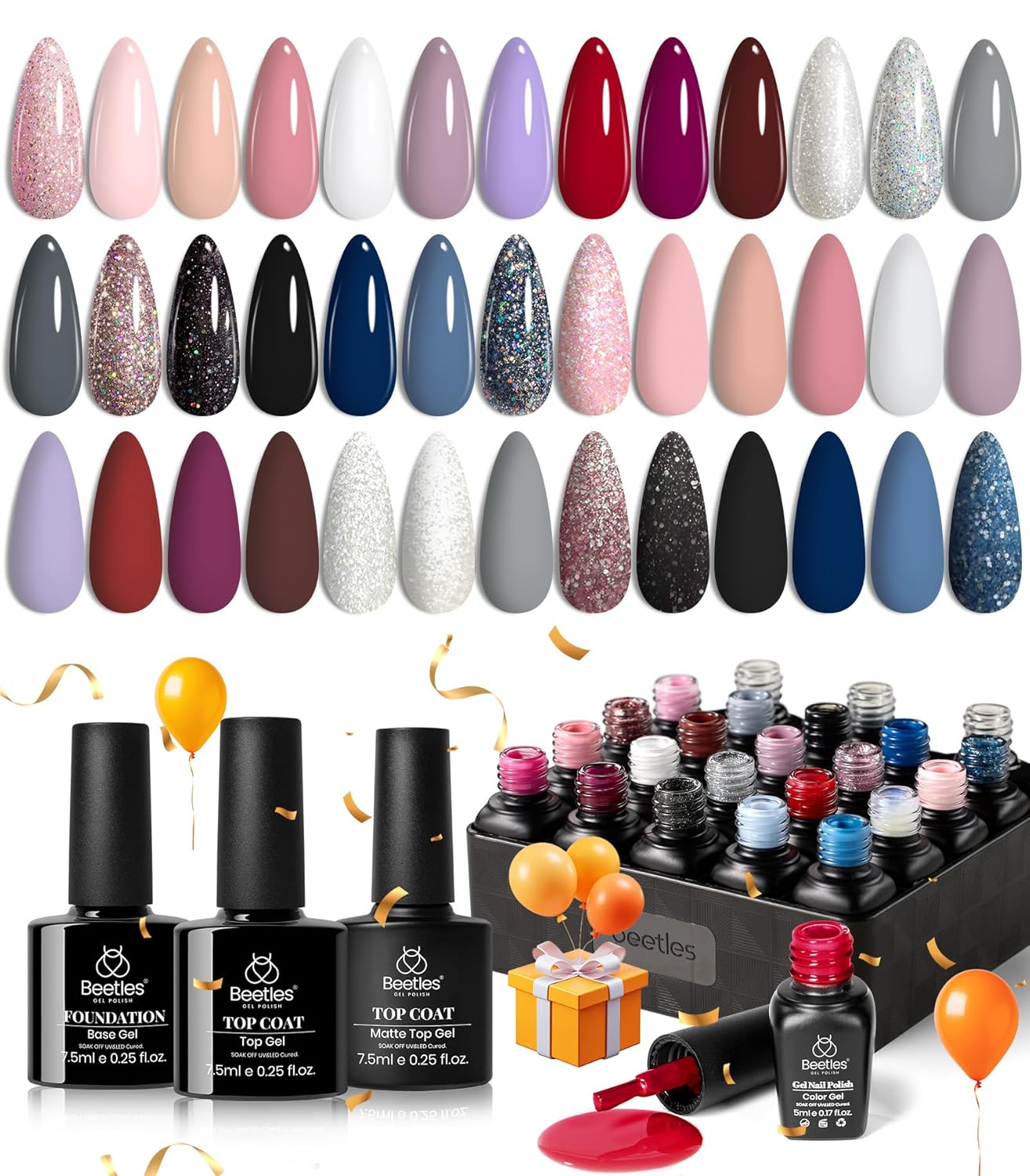 beetles Gel Polish Kit, Nude Gray Pink Blue Burgundy Glitter Gel Polish Set Modern Muse Collection with 3Pcs Base Matte Glossy Top Coat Soak off Uv Gel for Women