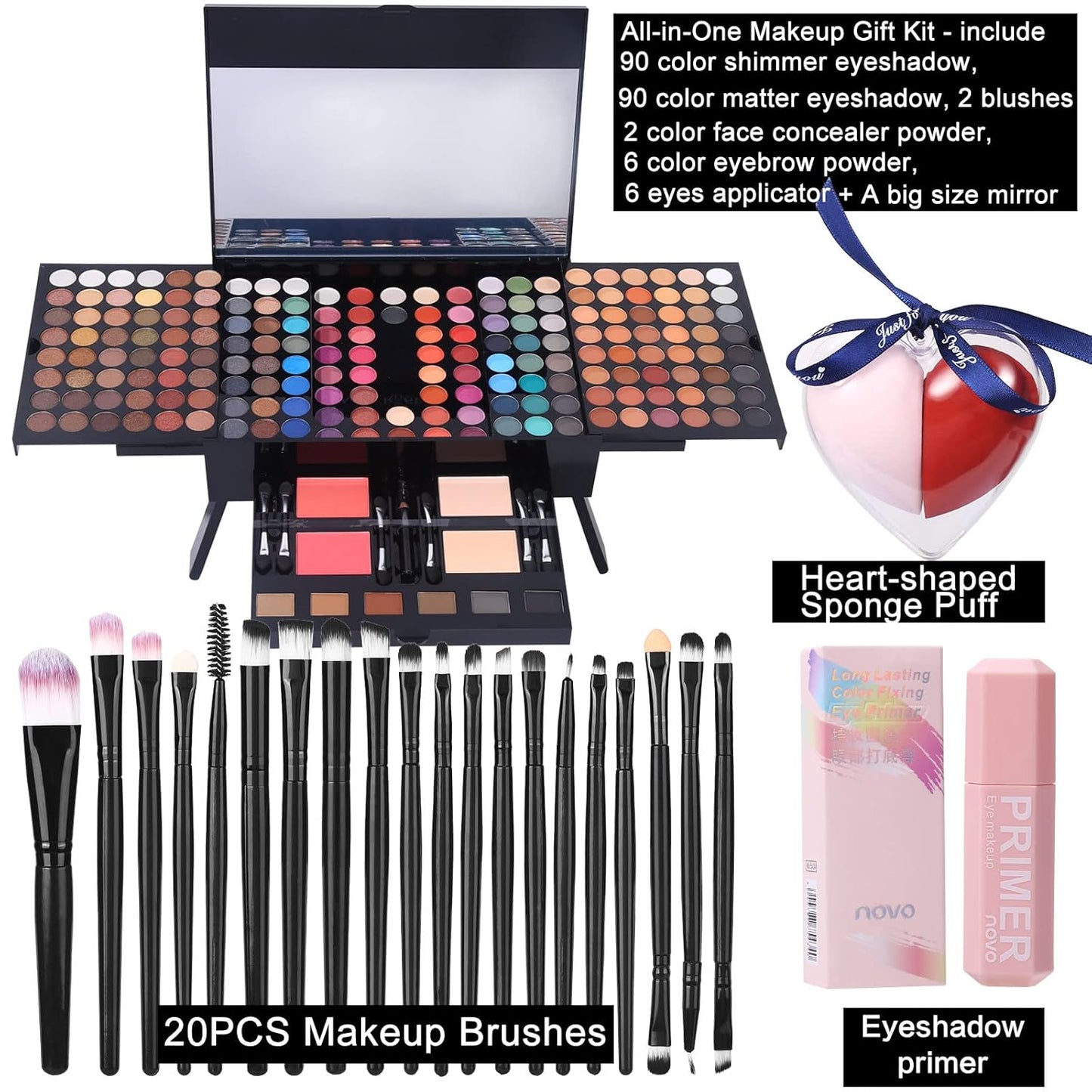 Makeup Gift Sets For Women - 190 Colors Makeup Palette Include Eyeshadow, Blushes, Eyebrow Powder,Eye Pencil,Mirror+20Pcs Makeup Brushes+Eyeshadow Primer+2Pcs Sponge Puff Make Up Set (Makeup Set A)