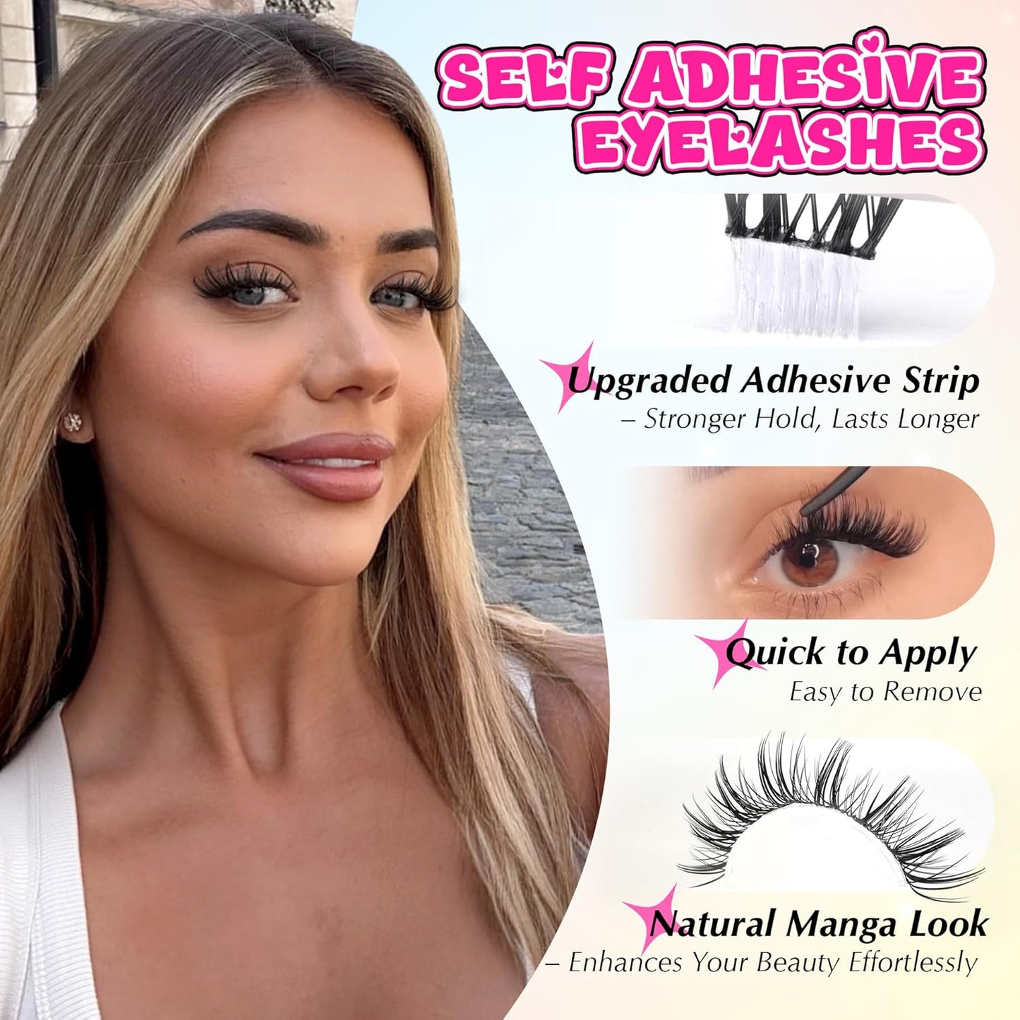 Self Adhesive Eyelashes Manga Self Adhesive Lash Clusters Natural Pre Glued Eyelashes Clusters Wispy Press on Lashes No Glue Needed C Curl Cluster Eyelash Extensions Reusable 10-16mm