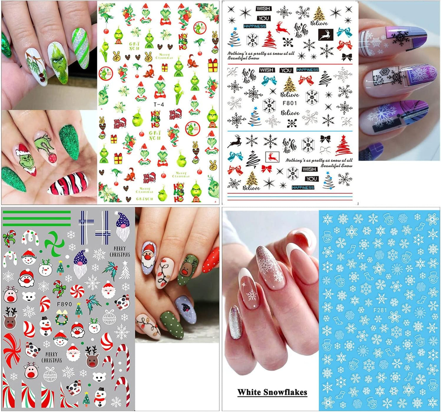 10 Sheets Christmas Nail Art Stickers 3D Xmas Nail Decals Winter Snowflake Santa Claus Snowman Buffalo Plaid Reindeer Nail Stickers for Christmas Nail Designs Decorations Manicure Tips Charms