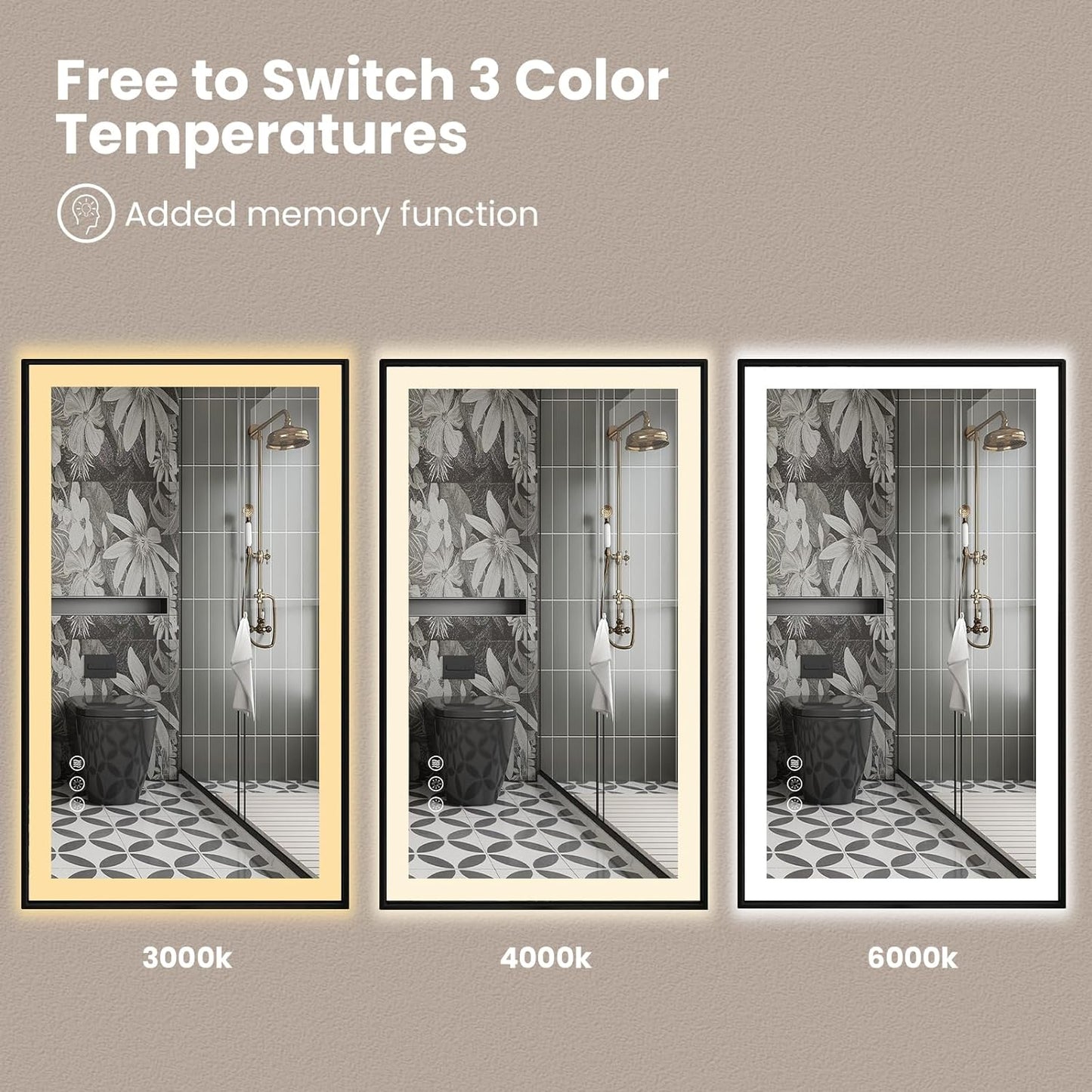 Amorho 36"x 32" LED Bathroom Mirror with Black Frame, Front Light and Backlit(Controlled Separately), Stepless Dimmable, Anti-Fog, Shatter-Proof, 3 Colors, Memory