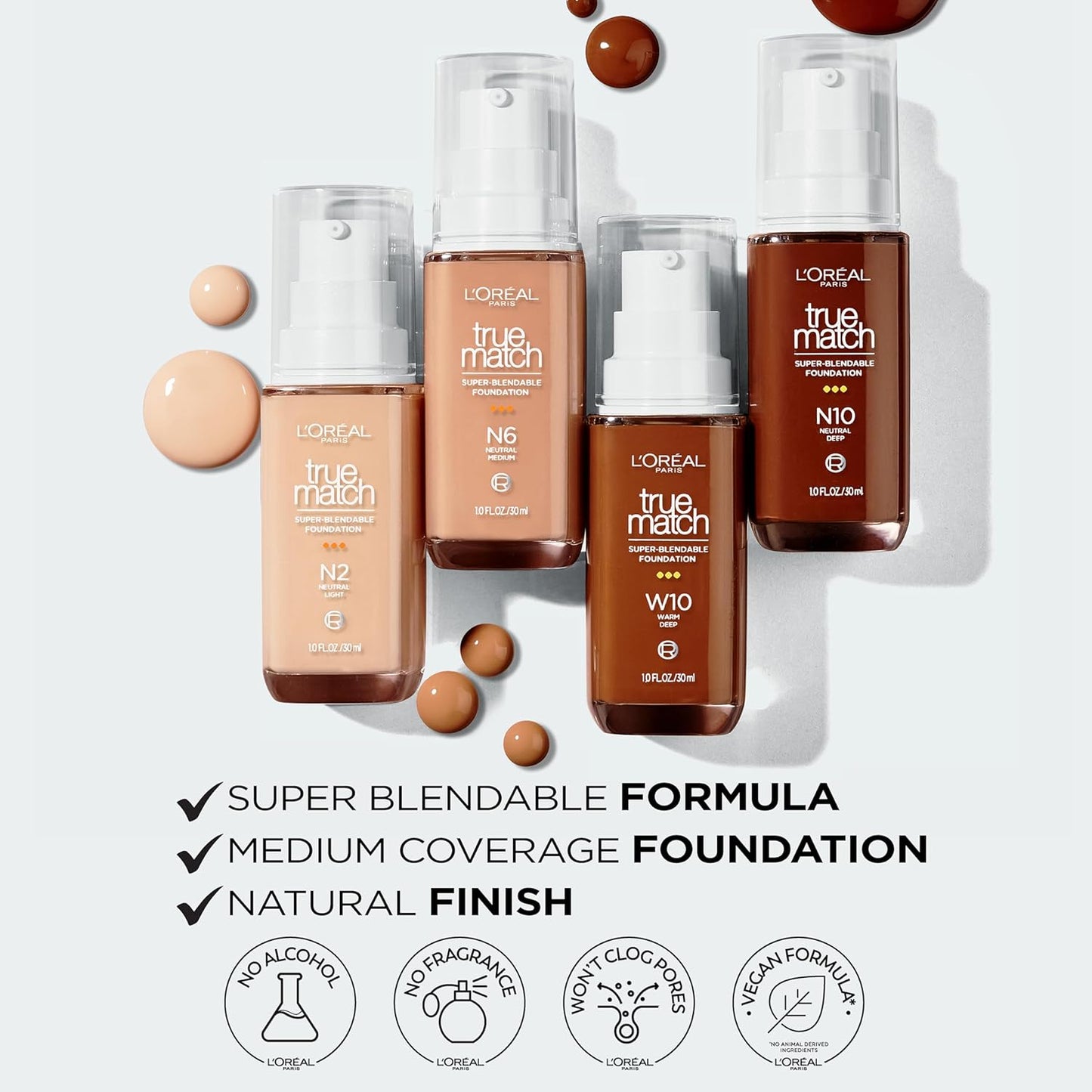 L'Oreal Paris True Match Super-Blendable Foundation, Medium Coverage Liquid Foundation Makeup, W10.5, Deep, 1 Fl Oz