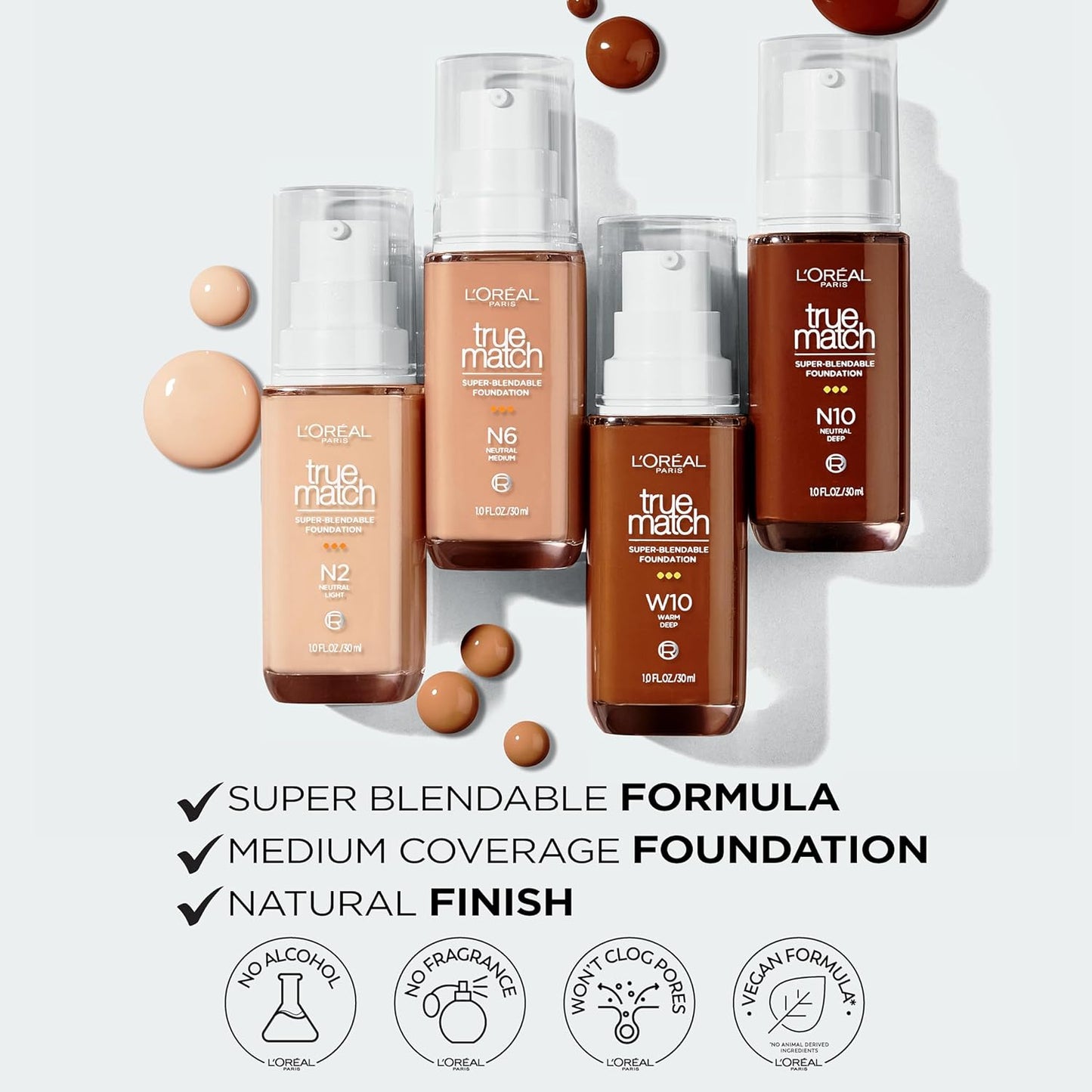 L'Oreal Paris True Match Super-Blendable Foundation, Medium Coverage Liquid Foundation Makeup, C2.5, Light Medium, 1 Fl Oz