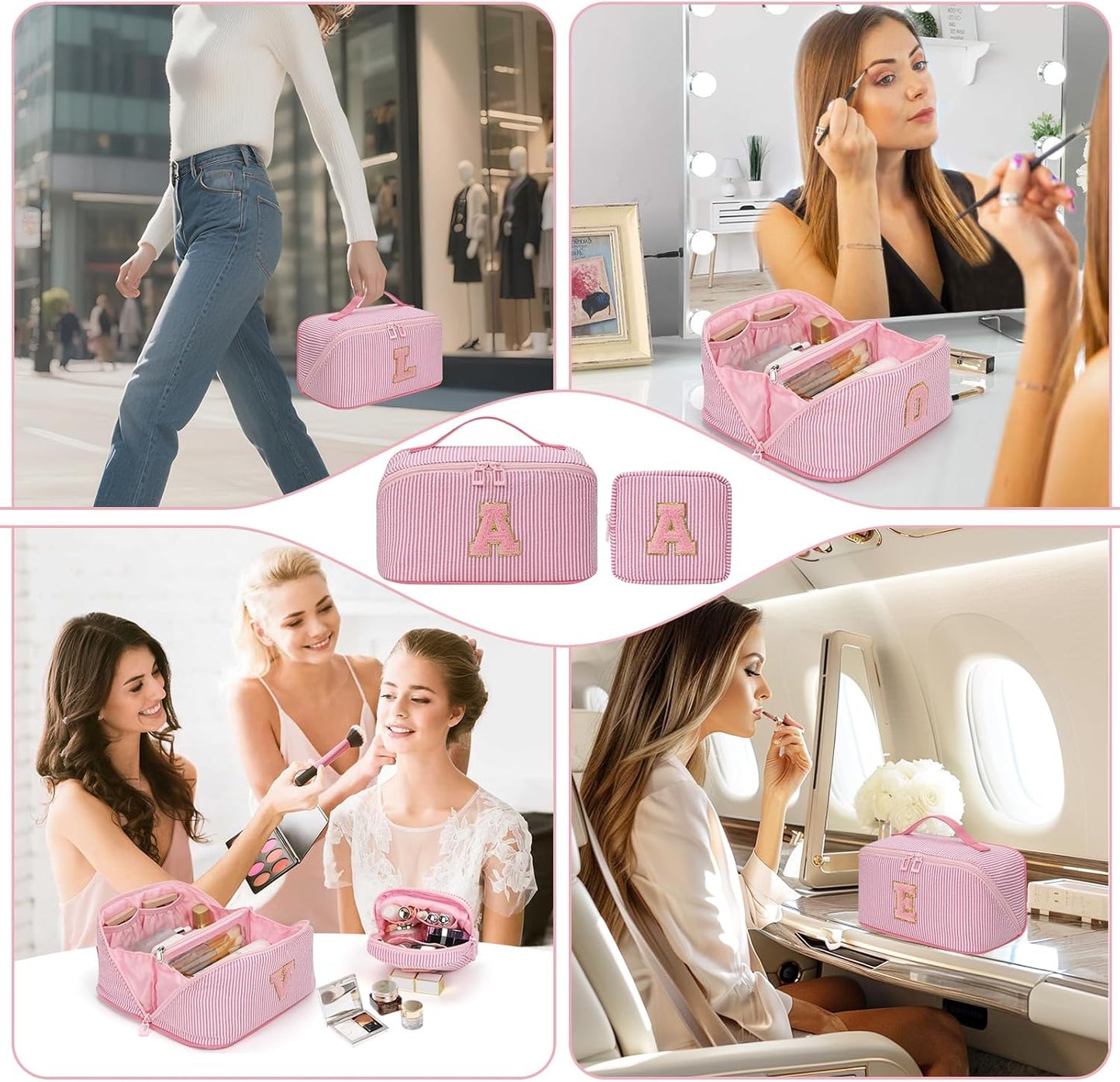 Travel Makeup Bag for Women, 2Pcs Portable Personalized Initial Makeup Organizer Bag, Open Flat Large Cosmetic Bag With Travel Essential Pouch (Pink Letter P)