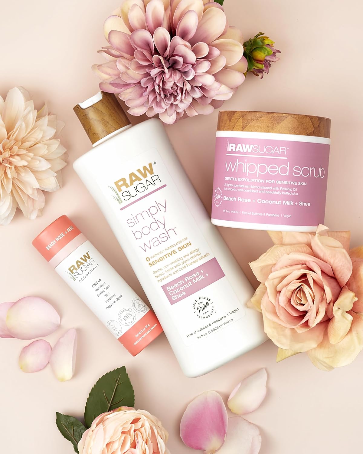 Raw Sugar Beach Rose + Coconut Milk + Shea Body Love Bundle - Sensitive Skin Body Wash, Body Scrub & Deodorant, Clean Ingredients, Formulated without Sulfates and Parabens