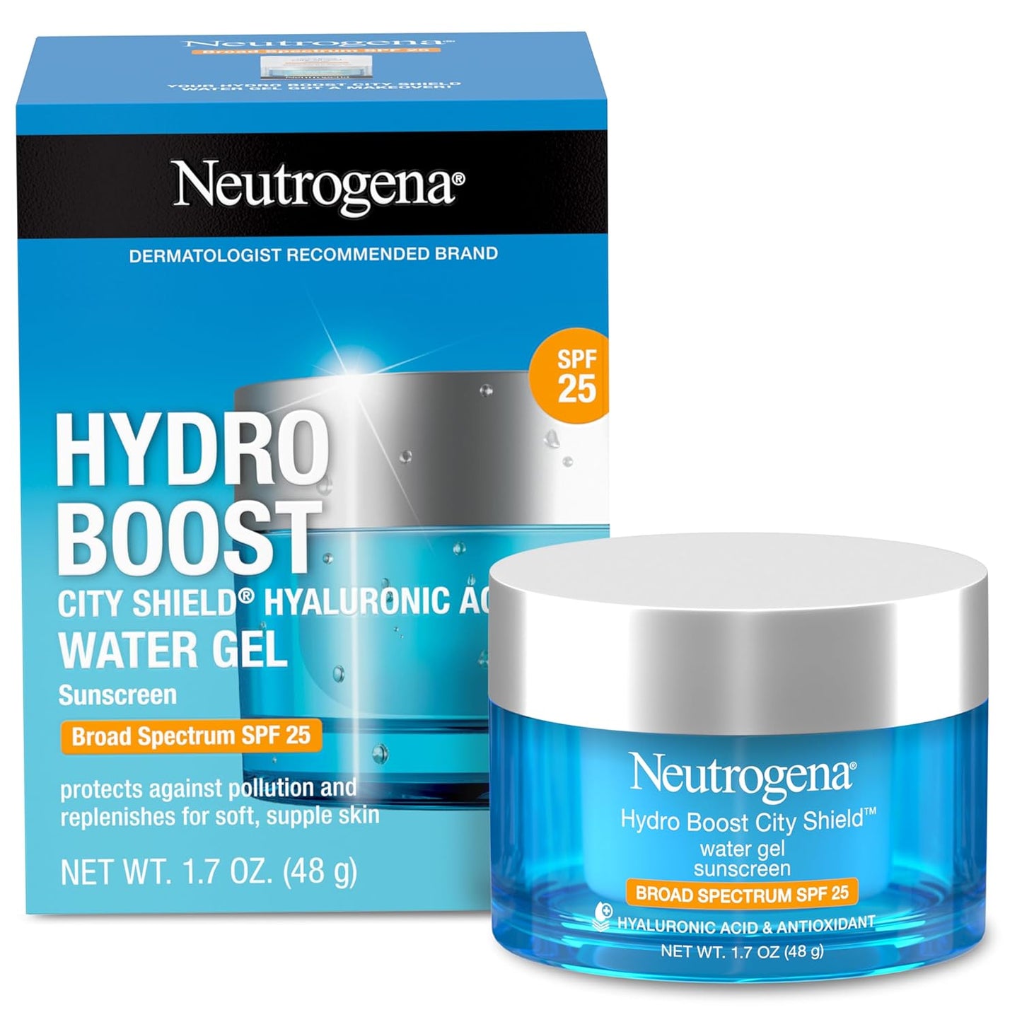 Neutrogena Hydro Boost City Shield Water Gel Face Moisturizer with Broad Spectrum SPF 25, Hydrating Facial Sunscreen with Hyaluronic Acid, Oil-Free and Non-Comedogenic Face Lotion, 1.7 oz
