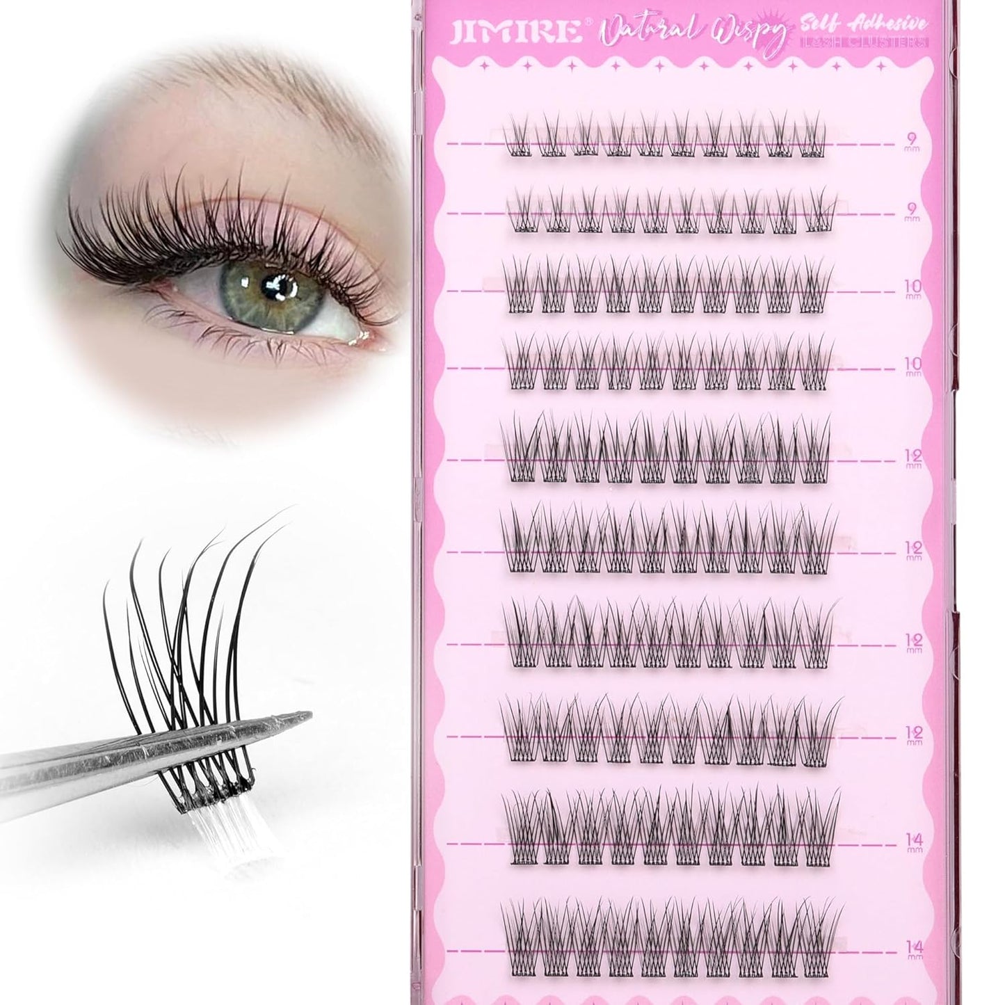 JIMIRE Self Adhesive Eyelashes Natural Look 9-14MM Wispy Pre Glued Lash Clusters No Glue Needed Press on Lashes Clusters Reusable Self Adhesive Eyelash Clusters Easy to Apply