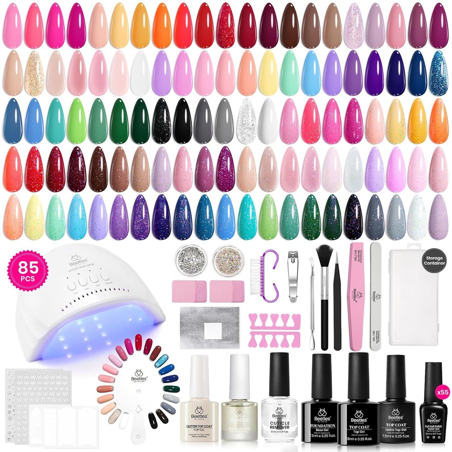 Beetles Gel Nail Polish Kit with U V Light 85Pcs Valentines Day Gift for Women 55 Colors Seasonal Symphony Set with Diamond Decorations & Manicure Art Stickers and Tools Soak Off for All Season